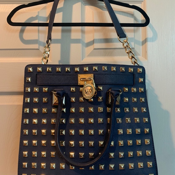 Michael Kors Navy Blue Hamilton Studded Leather Large Tote Handbag - Picture 1 of 12
